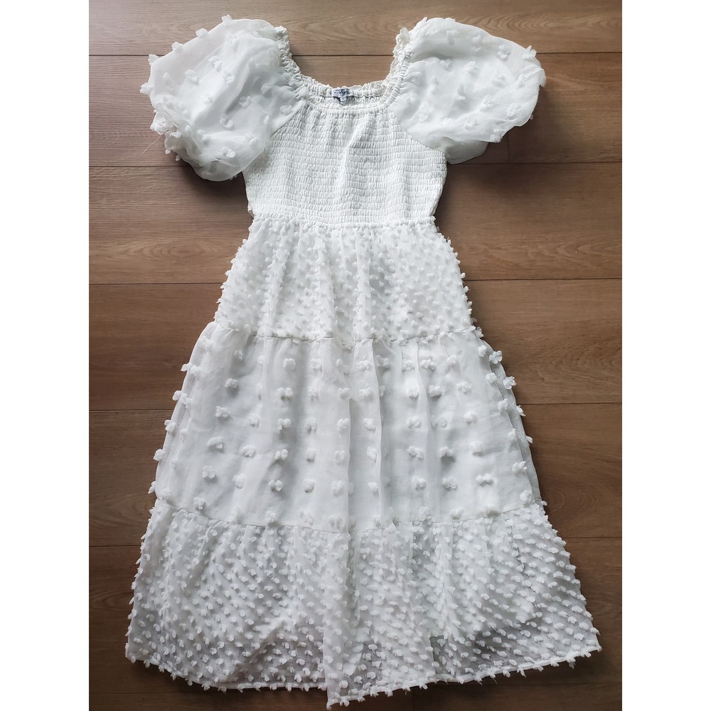 Polagram White Dot Smocked w/ Puff Sleeve Midi Dress Womens Medium NWT